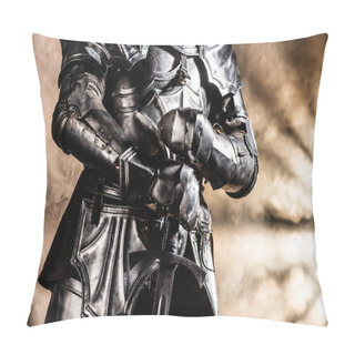 Personality  Cropped View Of Knight In Armor Holding Sword On Black Background Pillow Covers
