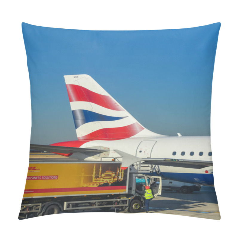 Personality  LONDON HEATHROW AIRPORT, ENGLAND - AUGUST 2018: Tail Fin Of A British Airways Jet Pillow Covers