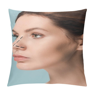Personality  Young Woman With Marked Lines On Face Isolated On Blue  Pillow Covers