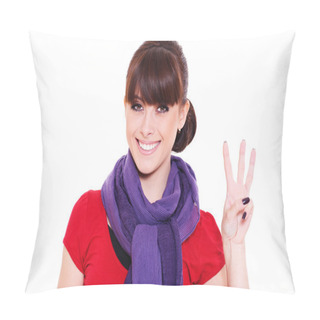 Personality  Young Woman Showing Number Three Pillow Covers