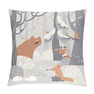 Personality  Cartoon Cute Animals Meeting Winter In Forest Pillow Covers