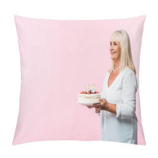 Personality  Happy Retired Woman With Grey Hair Holding Tasty Birthday Cake Isolated On Pink  Pillow Covers