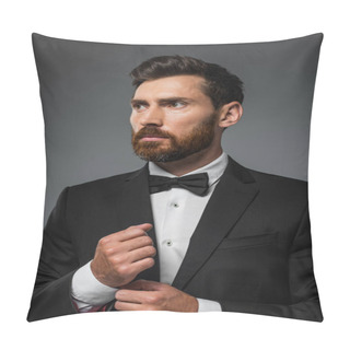 Personality  Bearded Man In Elegant Tuxedo With Bow Tie Adjusting Sleeve On Shirt Isolated On Grey Pillow Covers