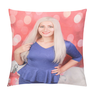 Personality  Pretty Blonde Woman In Blue Peplum Dress On Red Xmas Background Pillow Covers