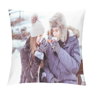 Personality  Young Couple Is Drinking A Hot Chocolate Outdoor In The Forest. Pillow Covers