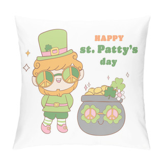 Personality  Groovy St Patrick's Day, Cute Retro Leprechaun With Pot Of Coin Cartoon Doodle Drawing. Pillow Covers