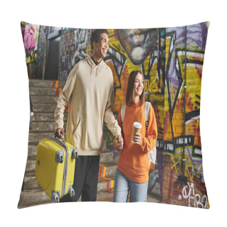 Personality  Cheerful Couple Holding Hands And Walking With A Yellow Suitcase In A Graffiti-painted Wall, Hostel Pillow Covers