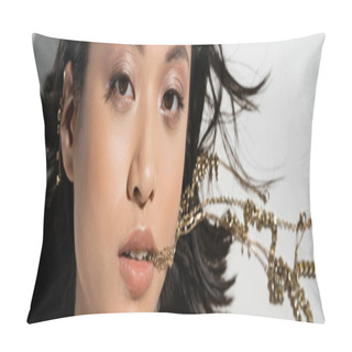 Personality  Young Asian Woman With Short Brunette Hair Holding Golden Jewelry In Mouth While Looking At Camera And Lying On Grey Background, Everyday Makeup, Wet Hairstyle, Top View, Banner  Pillow Covers