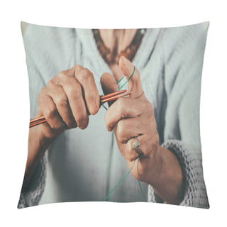 Personality  Hand Made. Old Lady Knitting. Grandmother Kniting Flat. Beautiful Grandmother Kniting Woolen Socks. Close-up Portrait Of Senior Woman Knitting With Wool, Grandmothers Hands Knit Wool Yarn. Pillow Covers