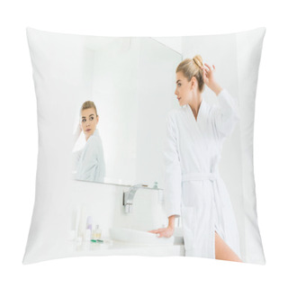 Personality  Selective Focus Of Attractive And Blonde Woman In White Bathrobe Looking At Mirror In Bathroom  Pillow Covers