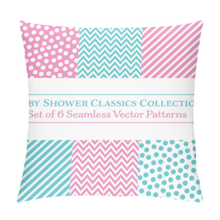 Personality  Set Of 6 Classic Baby Shower Coordinating Patterns, Polka Dots, Chevrons, Diagonal Candy Stripes, In Pink And Cyan Pillow Covers