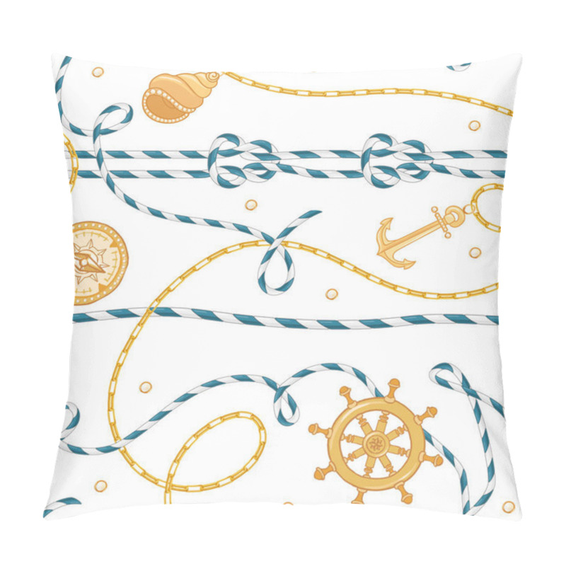 Personality  Fashion Seamless Pattern with Golden Chains and Anchor for Fabric Design. Marine Background with Rope, Knots, Flags and Nautical Elements. Vector illustration pillow covers