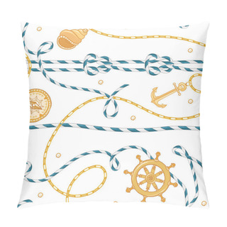 Personality  Fashion Seamless Pattern With Golden Chains And Anchor For Fabric Design. Marine Background With Rope, Knots, Flags And Nautical Elements. Vector Illustration Pillow Covers