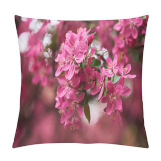 Personality  Close-up View Of Beautiful Pink Almond Flowers On Tree, Selective Focus Pillow Covers
