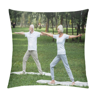 Personality  Senior Couple Standing In Warrior II Poses On Yoga Mats In Park Pillow Covers