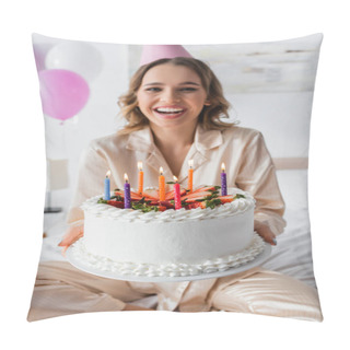 Personality  Birthday Cake With Candles In Hands Of Blurred Woman On Bed  Pillow Covers