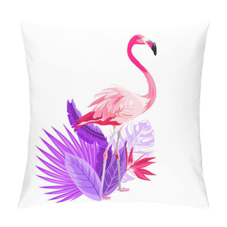 Personality  Tropical Summer Arrangements With Pink  Flamingo, Tropical Flowers, Palm Leaves, Jungle Plants, Hibiscus, Bird Of Paradise Flower. Beautiful Floral Exotic Illustration Isolated On White Background Pillow Covers
