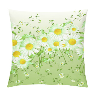 Personality  Horizontally Repeating Pattern Of Large And Small Daisies With Leaves And Stems On A White Green Background. Summer Garden With Chamomile Flowers Pillow Covers