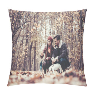 Personality  Couple In Fall Having Walk With Dog In A Park Pillow Covers