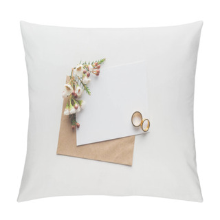 Personality  Top View Of Empty Card With Brown Craft Paper Envelope And Wedding Rings On Grey Background Pillow Covers