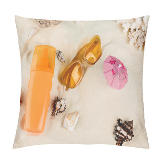 Personality  Top View Of Orange Sunglasses And Sunscreen On Sand Near Seashells Pillow Covers