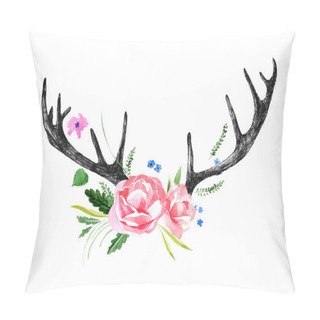 Personality  Deer Horns With Watercolor Flowers Pillow Covers
