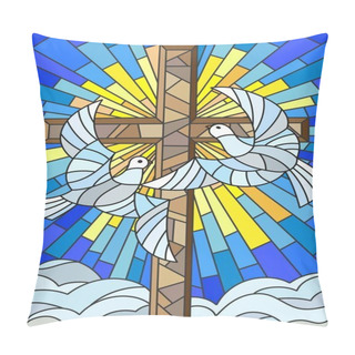 Personality Illustration With A Cross And A Pair Of White Doves In The Stained Glass Style Pillow Covers