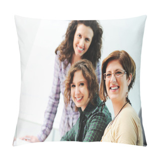 Personality  While Meeting, Group Of Young Women Working Together On The Table Pillow Covers