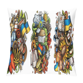 Personality  Ukraine Cartoon Raster Doodle Designs Set. Colorful Detailed Compositions With Lot Of Ukrainian Objects And Symbols. Pillow Covers