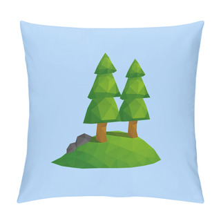 Personality  Pine Tree And Stone On Green Hill Forest. Outdoor Nature Scene Landscape In Vector Low Poly Illustration Pillow Covers