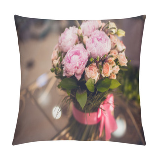 Personality  Bouquet Of Pink Peonies  On Table  Pillow Covers