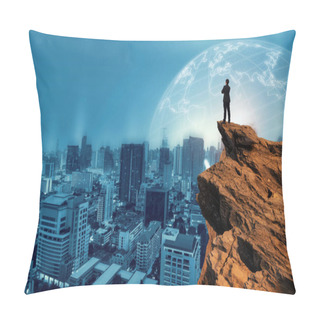 Personality  Concept Vision, Businessman Wearing Comfortable Casual Suit Standing On Top Of Mountain Peak And Looking Forwards With Cityscape Background, Success, Competition And Leader Concept. Pillow Covers