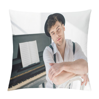 Personality  Dreamy Pianist In White Shirt And Black Hat Looking At Camera Pillow Covers