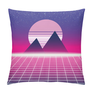 Personality  Synthwave Retro Futuristic Landscape With Pyramids Sun And Styled Laser Grid. Neon Retrowave Design And Elements Sci-fi 80s 90s Space. Vector Illustration Template Isolated Background Pillow Covers