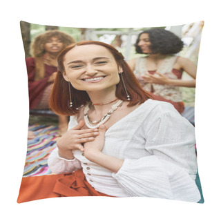 Personality  Portrait Of Cheerful Woman Sitting Near Blurred Interracial Friends Outdoors In Retreat Center Pillow Covers