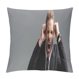 Personality  Aggressive Businessman Shouting With Clenched Fists Isolated On Grey, Banner Pillow Covers