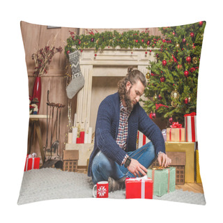 Personality  Man Sitting With Christmas Presents Pillow Covers