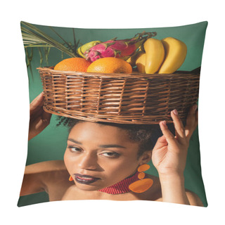 Personality  High Angle View Of Pretty Young African American Woman Holding Basket With Exotic Fruits On Head On Green Pillow Covers