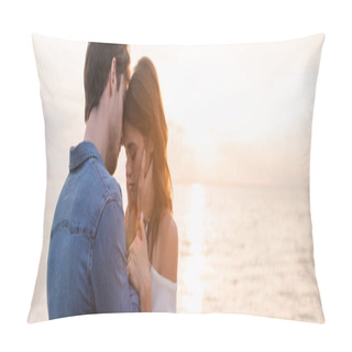 Personality  Panoramic Shot Of Young Man Touching Girlfriend With Sea And Sunset Sky At Background  Pillow Covers