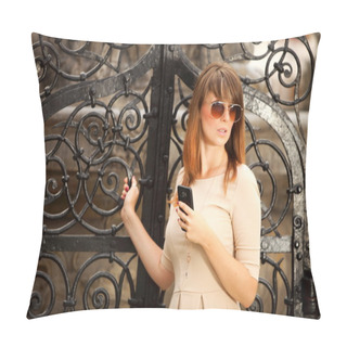 Personality  Woman In Old Town Gdansk With Phone Pillow Covers