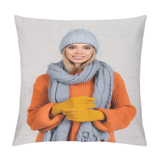 Personality  Young Woman In Warm Hat, Knitted Sweater And Gloves Looking At Camera On White Background Pillow Covers