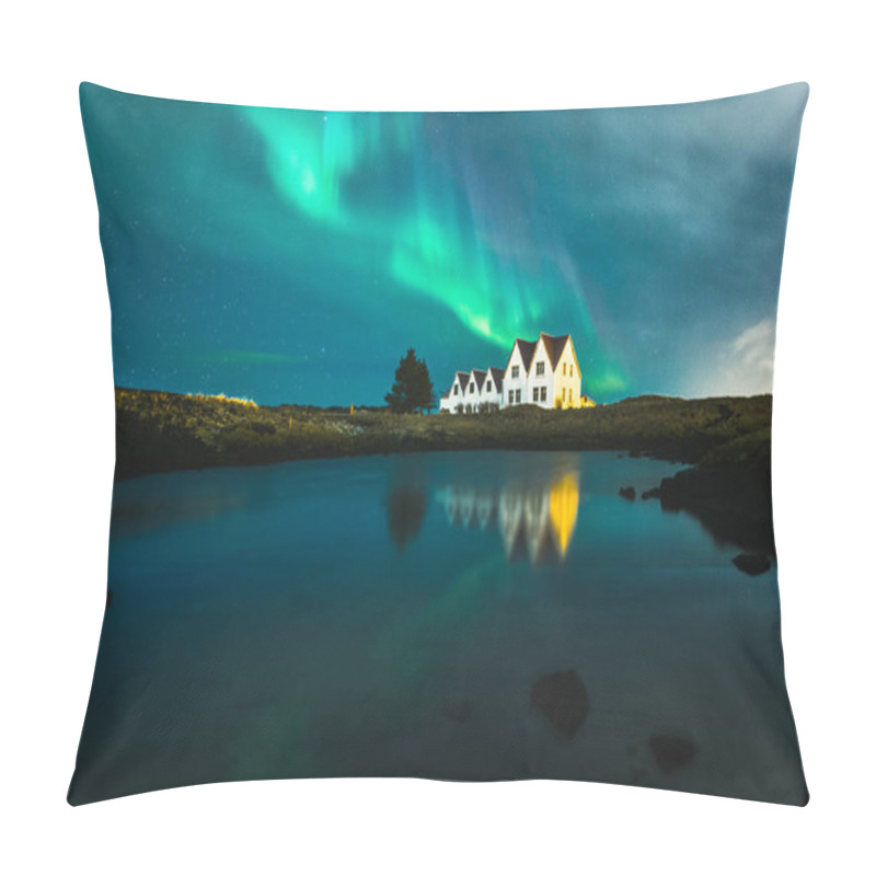 Personality  Lonely Houses Under Northern Lights, Keflavik, Iceland Pillow Covers