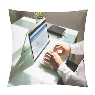 Personality  Businessman's Hand Signing Into Website On Reflective Desk Pillow Covers