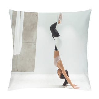 Personality  Sportive Girl Relaxing While Practicing Antigravity Yoga And Inversion Position In Yoga Studio Pillow Covers