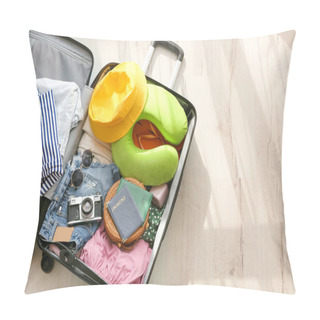 Personality  Opened Suitcase With Clothes And Different Accessories For Travelling On Light Wooden Floor Pillow Covers