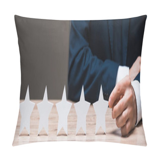 Personality  Panoramic Shot Of Businessman In Suit Touching Star Isolated On Grey, Quality Concept  Pillow Covers