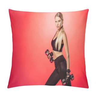Personality  Attractive Sportswoman Training With Dumbbells Isolated On Red And Looking At Camera Pillow Covers
