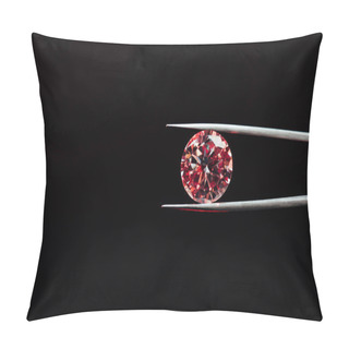 Personality  Colorful Red Sparkling Diamond In Tweezers Isolated On Black Pillow Covers