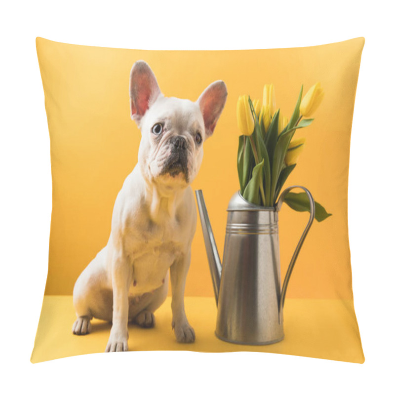 Personality  Funny French Bulldog Sitting Near Watering Can With Yellow Tulips On Yellow Pillow Covers