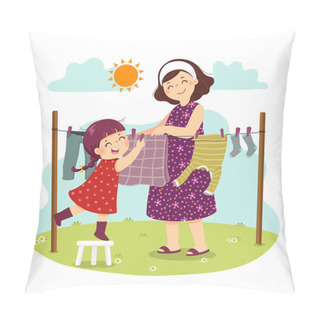 Personality  Vector Illustration Cartoon Of Mother And Daughter Hanging The Laundry On The Backyard. Kids Doing Housework Chores At Home Concept. Pillow Covers